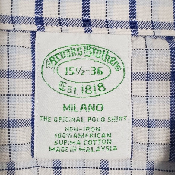 Brooks Brothers Milano Shirt Men 15.5 36 Blue Check Button Up Office Preppy - Picture 6 of 12